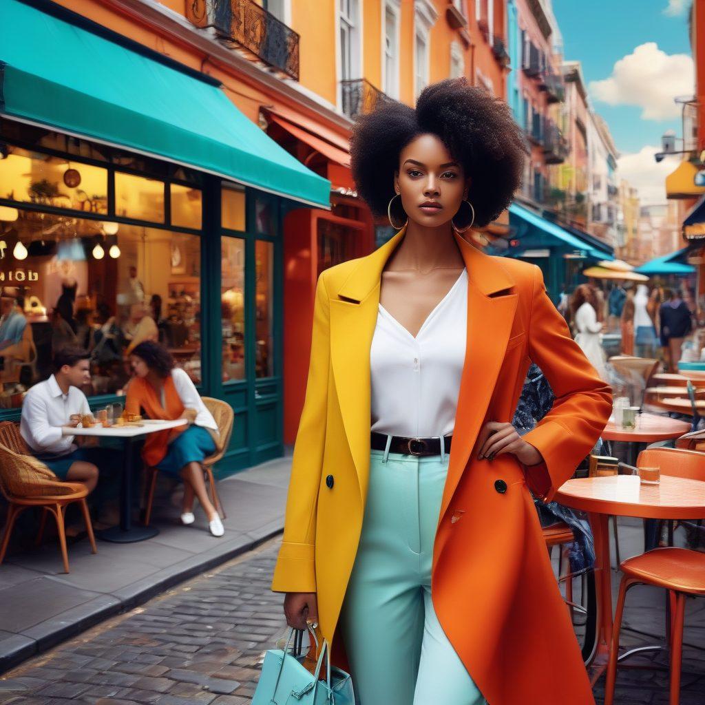 A stylish, modern collage that combines vibrant fashion pieces and lifestyle elements, such as chic clothing, accessories, and vibrant street scenes. Incorporate diverse models showcasing different fashion trends against a backdrop of trendy cafes and urban settings. Infuse the image with a sense of movement to capture the excitement of fashion. super-realistic. vibrant colors. 3D.
