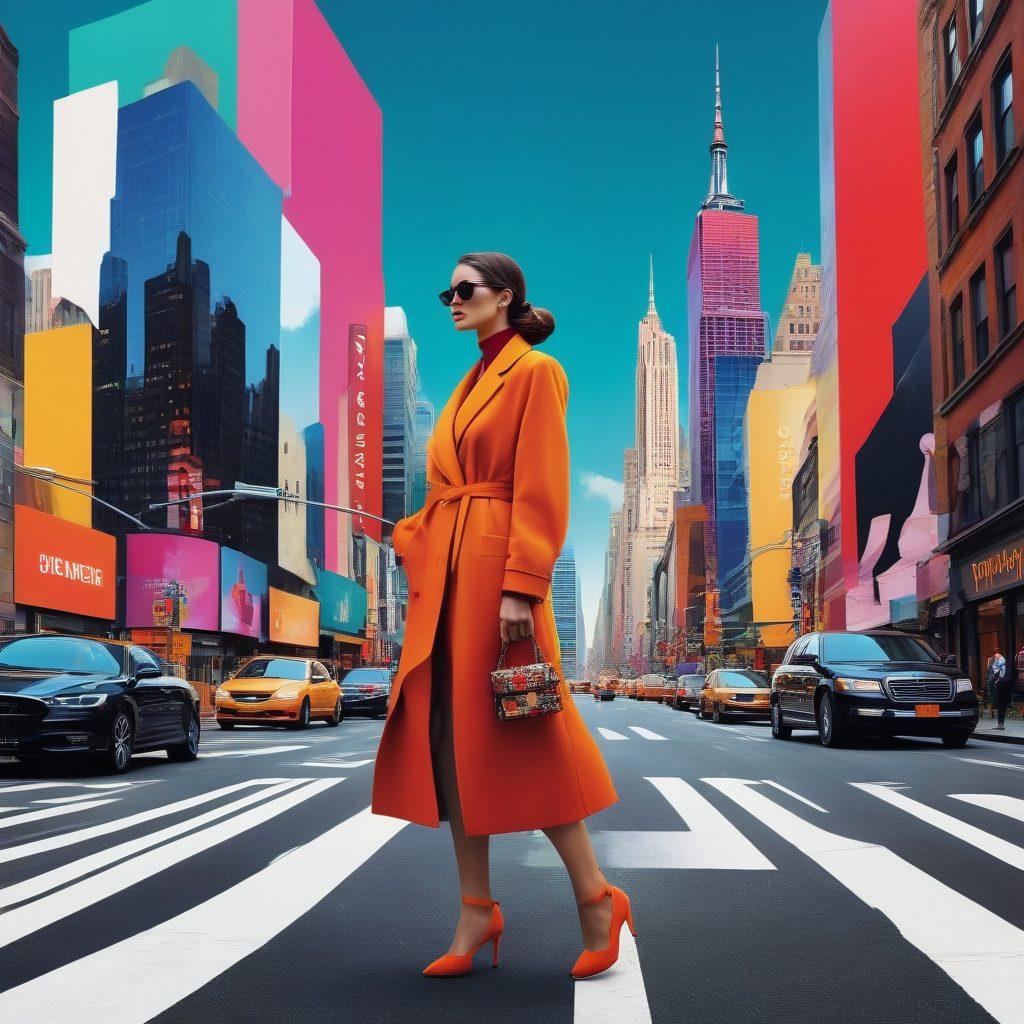 A stylish figure standing at a crossroads adorned with diverse fashion options, from classic to avant-garde. Surrounding them, collage elements showcasing lifestyle themes such as wellness, travel, and sustainability trends in vibrant colors. The scene reflects the dynamic interplay between personal style and evolving trends. Bright city skyline in the background, hinting at modernity and change. super-realistic. vibrant colors. 3D.