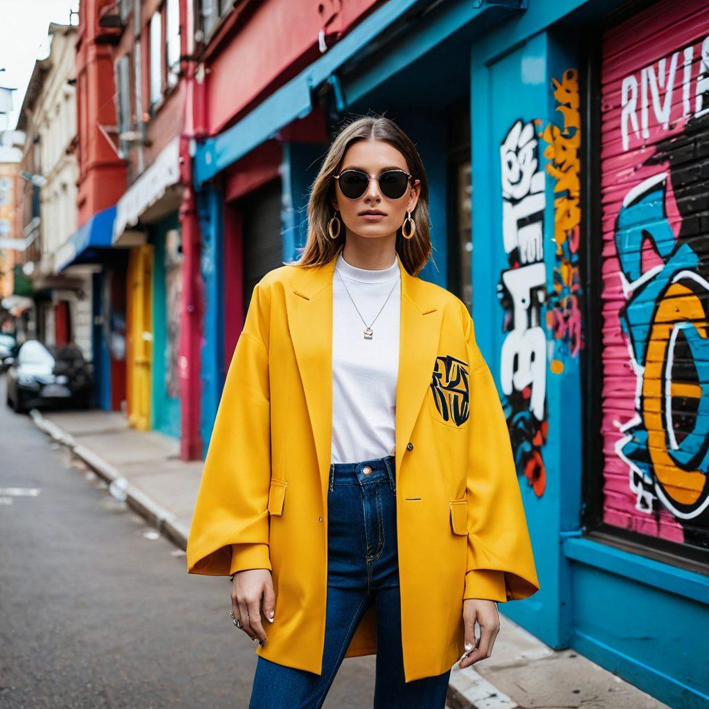 A fashionable individual standing confidently in a chic urban setting, surrounded by vibrant street art and stylish clothing boutiques. Incorporate elements representing latest fashion trends such as oversized jackets, unique accessories, and color pops. The scene should convey a sense of expert advice with elegant typography highlighting 'Rivaa'. super-realistic. vibrant colors. urban background.